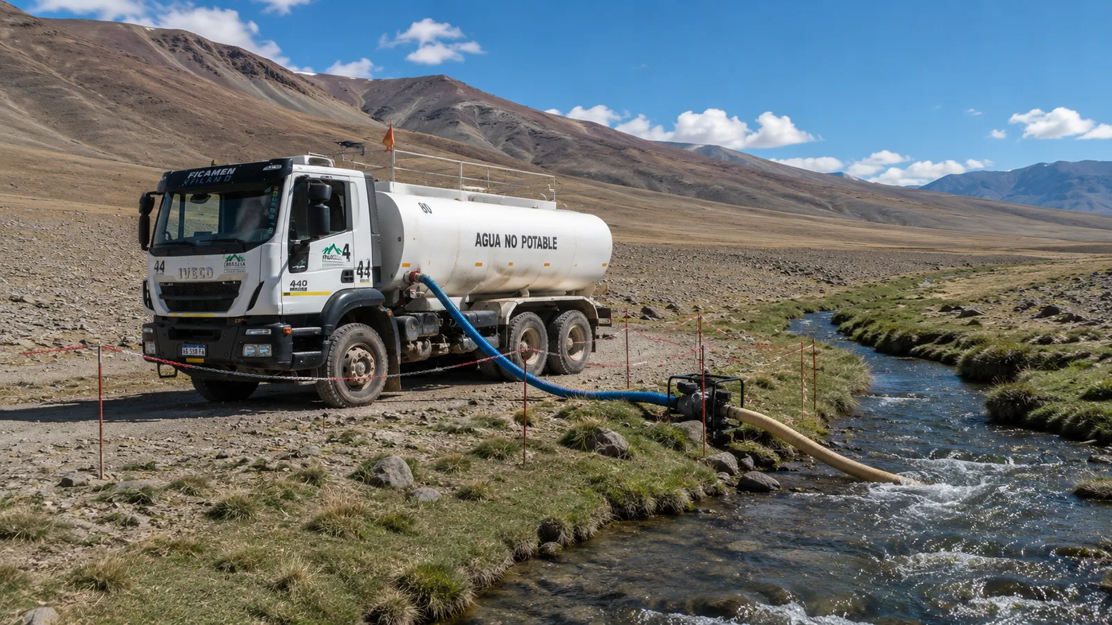 Aguatero de ISMAEL S.A. captando agua de un río de la cordillera de San Juan con motobomba propia