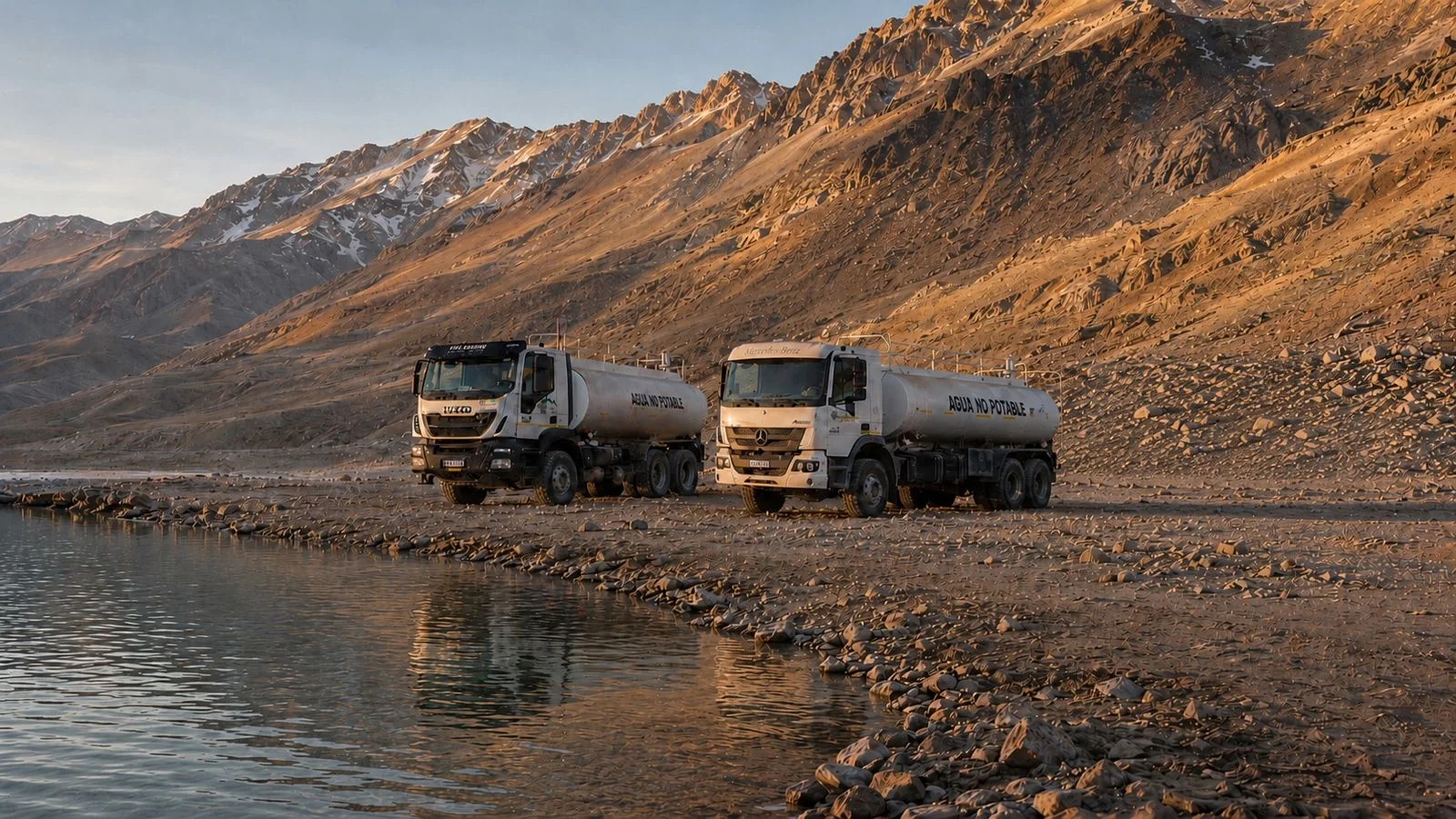 Dos aguateros de ISMAEL S.A. junto a un lago de la cordillera de San Juan al atardecer