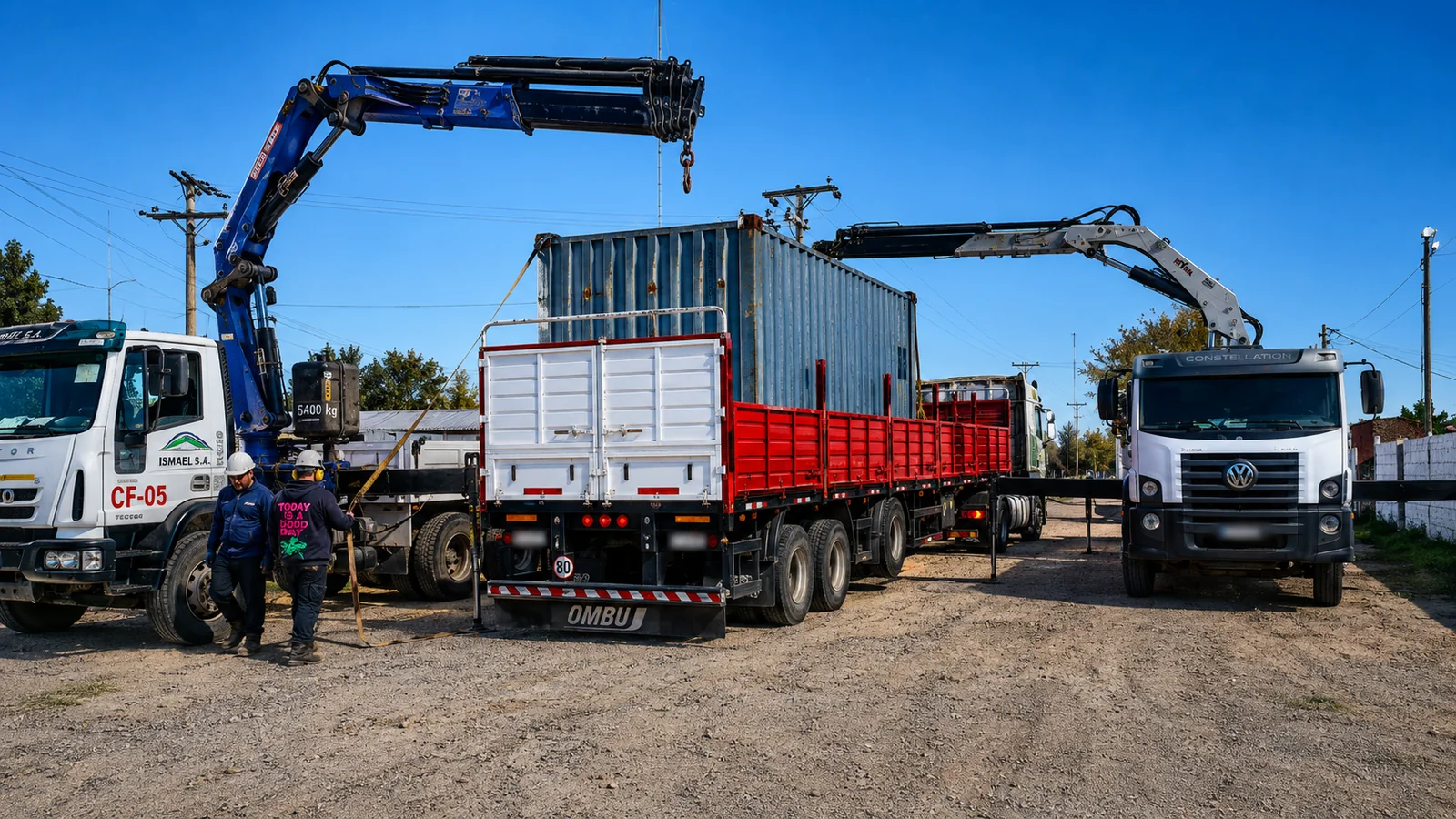 Hidrogrúa de ISMAEL S.A. izando un container en una obra de San Juan, con otra unidad asistiendo la maniobra